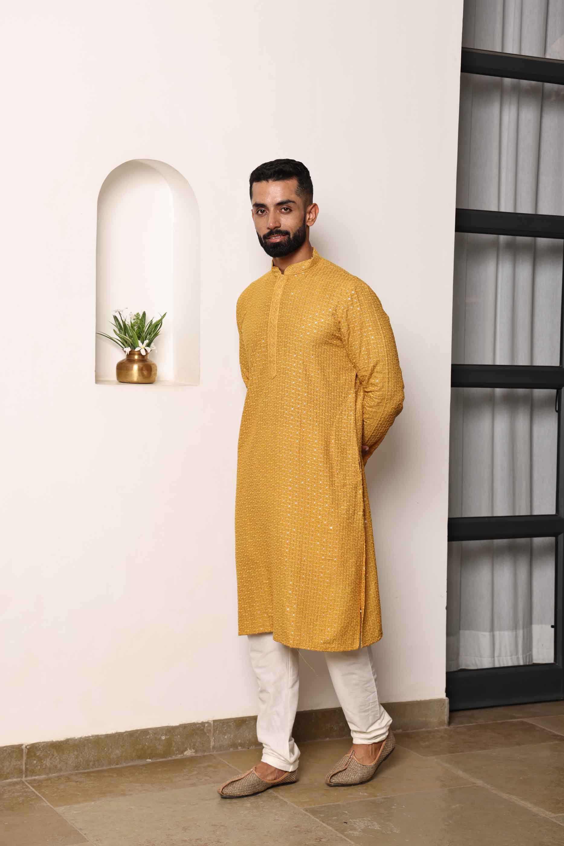 Yellow Traditional Embroidery Kurta with Sequence